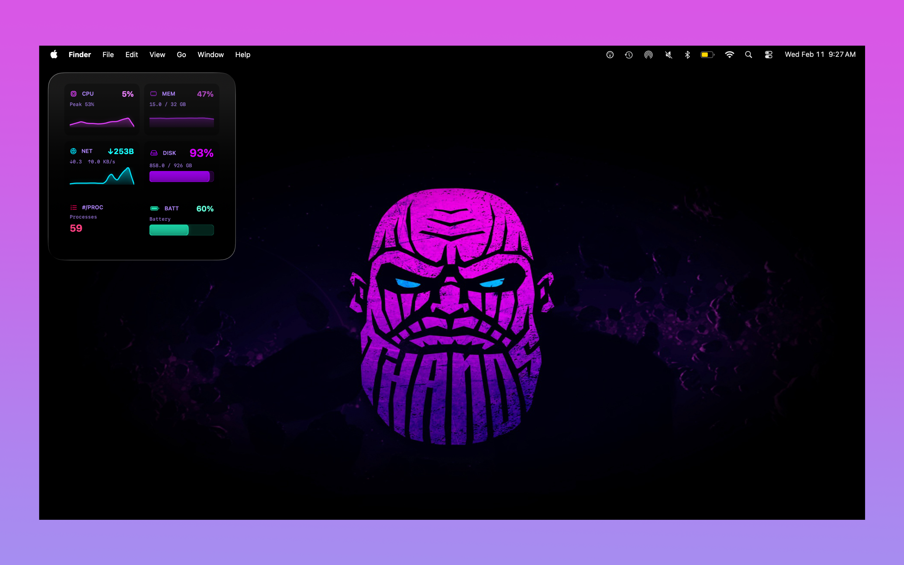 System Gauge full widget panel with CPU, memory, network, disk, battery metrics