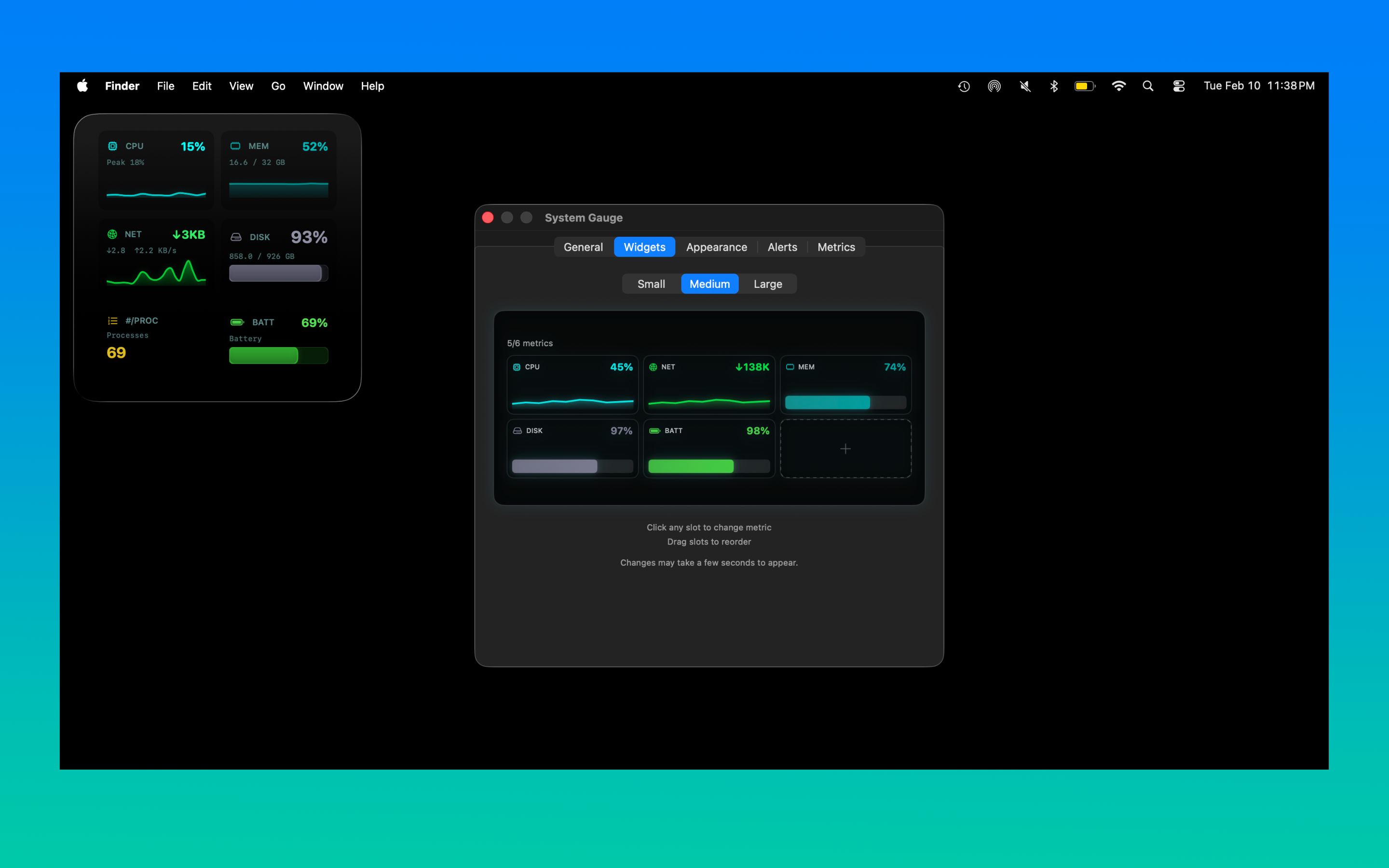System Gauge widget customization settings with medium size selected
