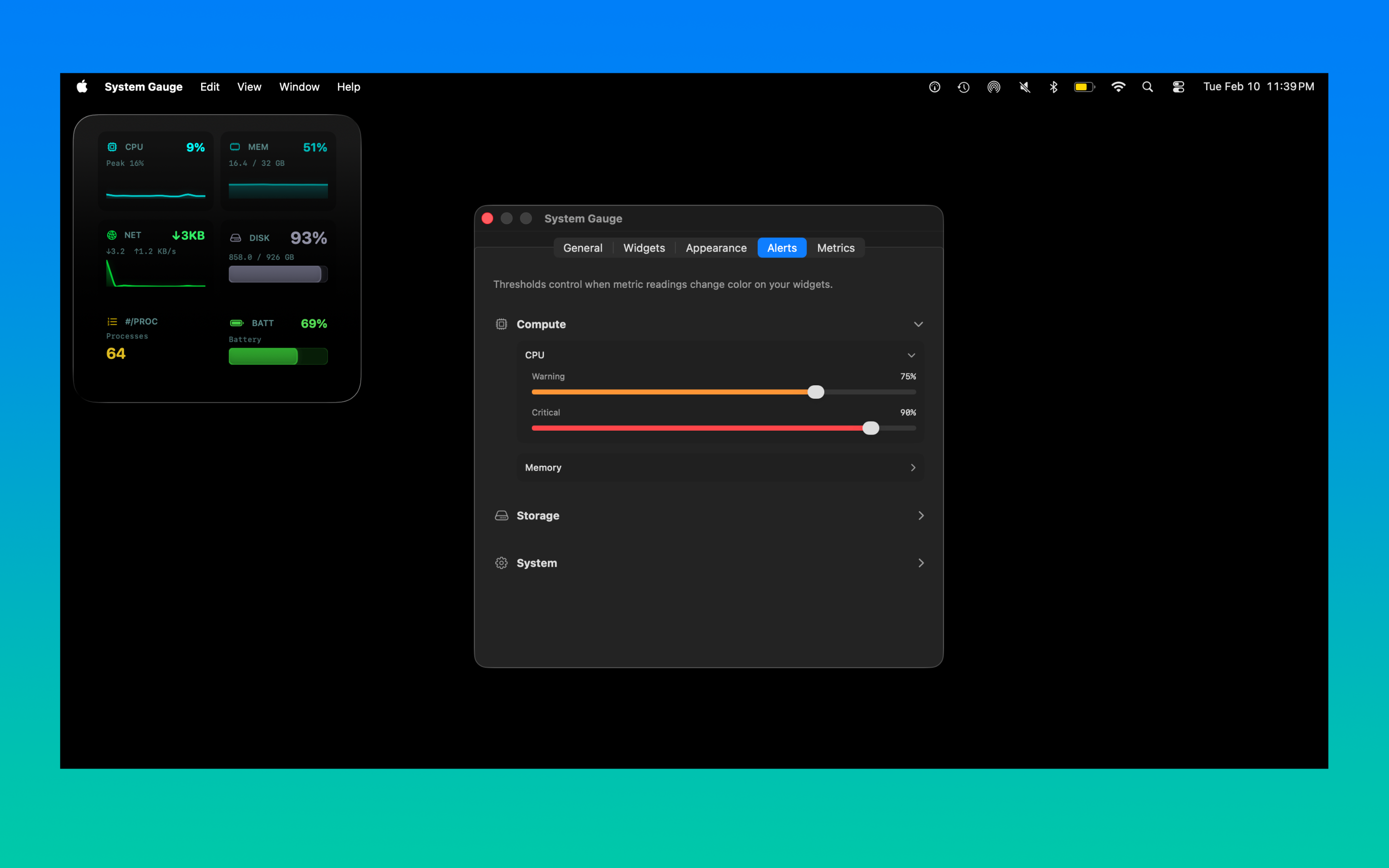 System Gauge alert threshold configuration for CPU warning and critical levels