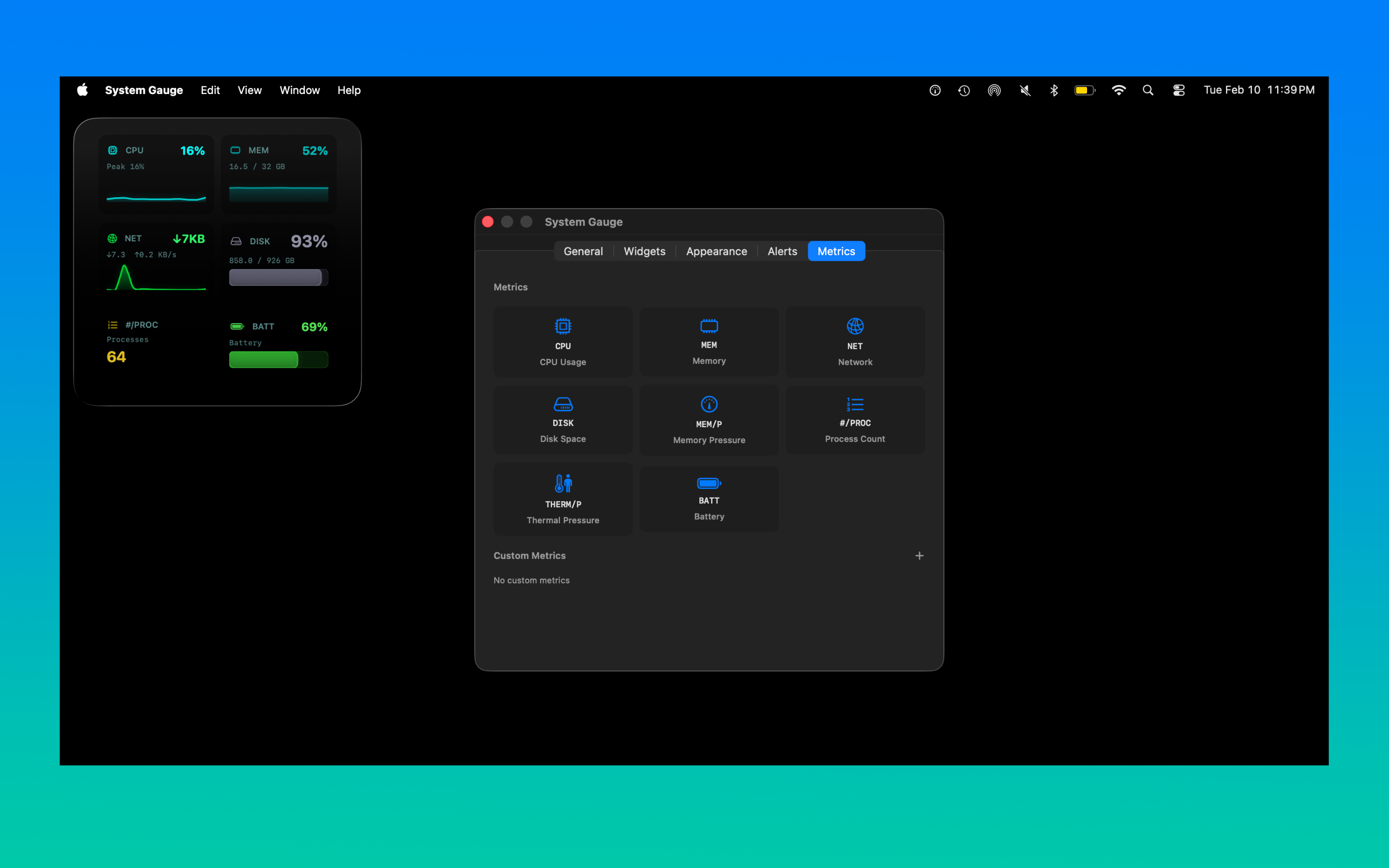 System Gauge metrics selection showing all available system metrics and custom metrics
